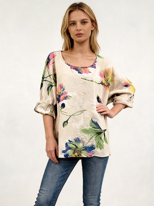 Watercolour Floral Oversized Top 3/4 Sleeve Blouse - Beige