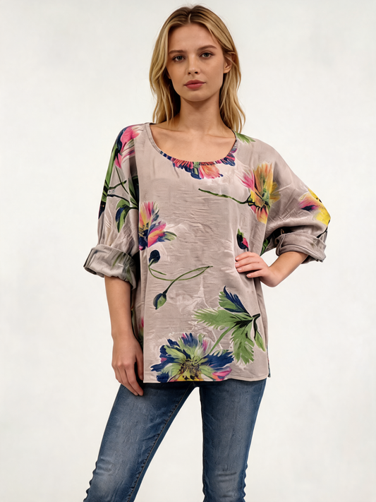 Watercolour Floral Oversized Top 3/4 Sleeve Blouse - Taupe