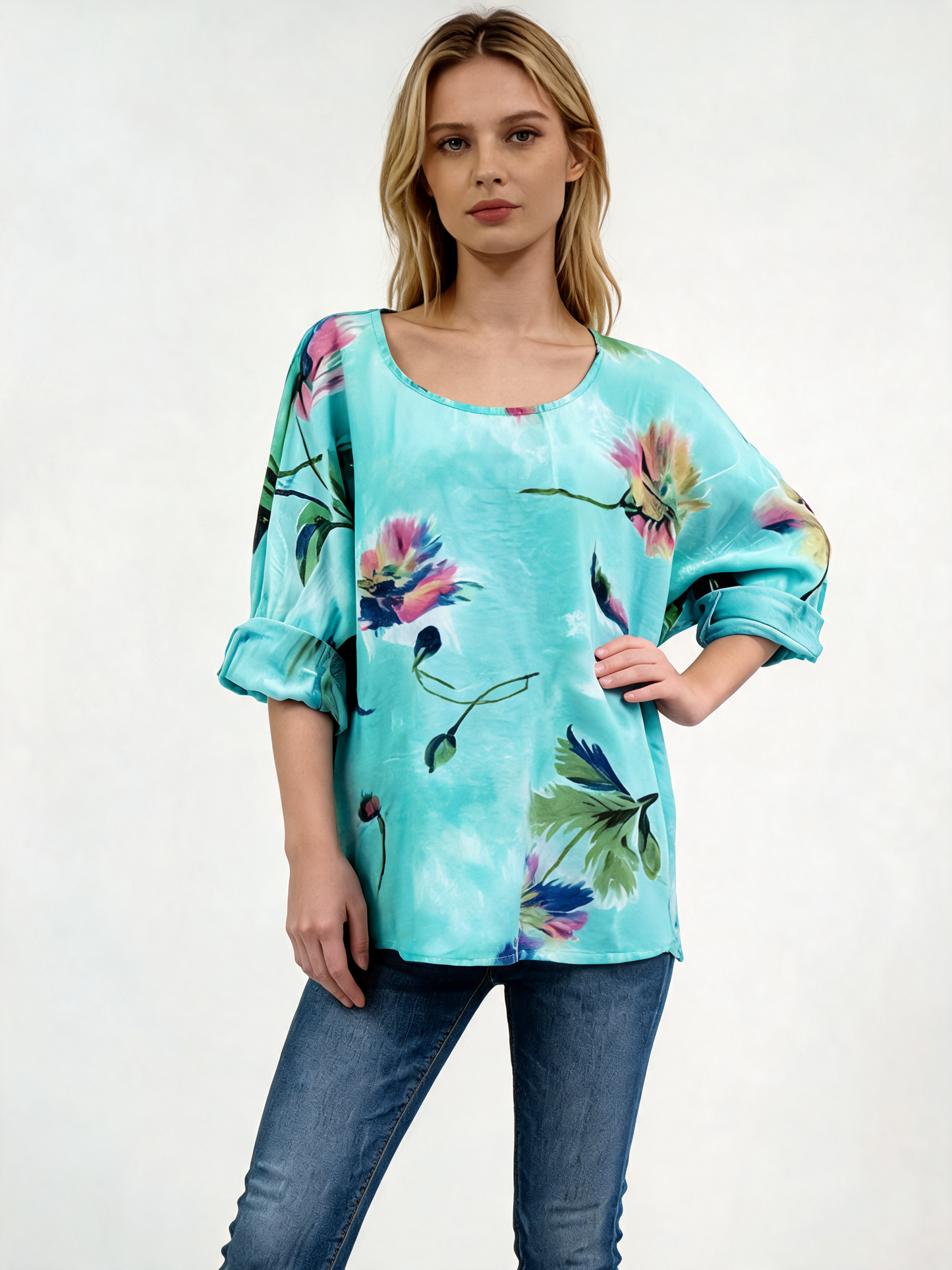 Watercolour Floral Oversized Top 3/4 Sleeve Blouse - Turquoise