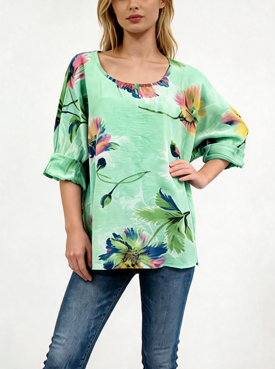 Watercolour Floral Print Tunic Oversized Round Neck Blouse