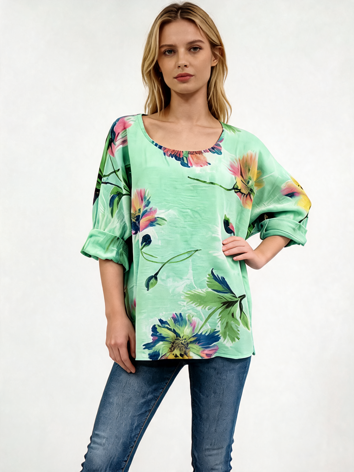 Watercolour Floral Oversized Top 3/4 Sleeve Blouse - Mint