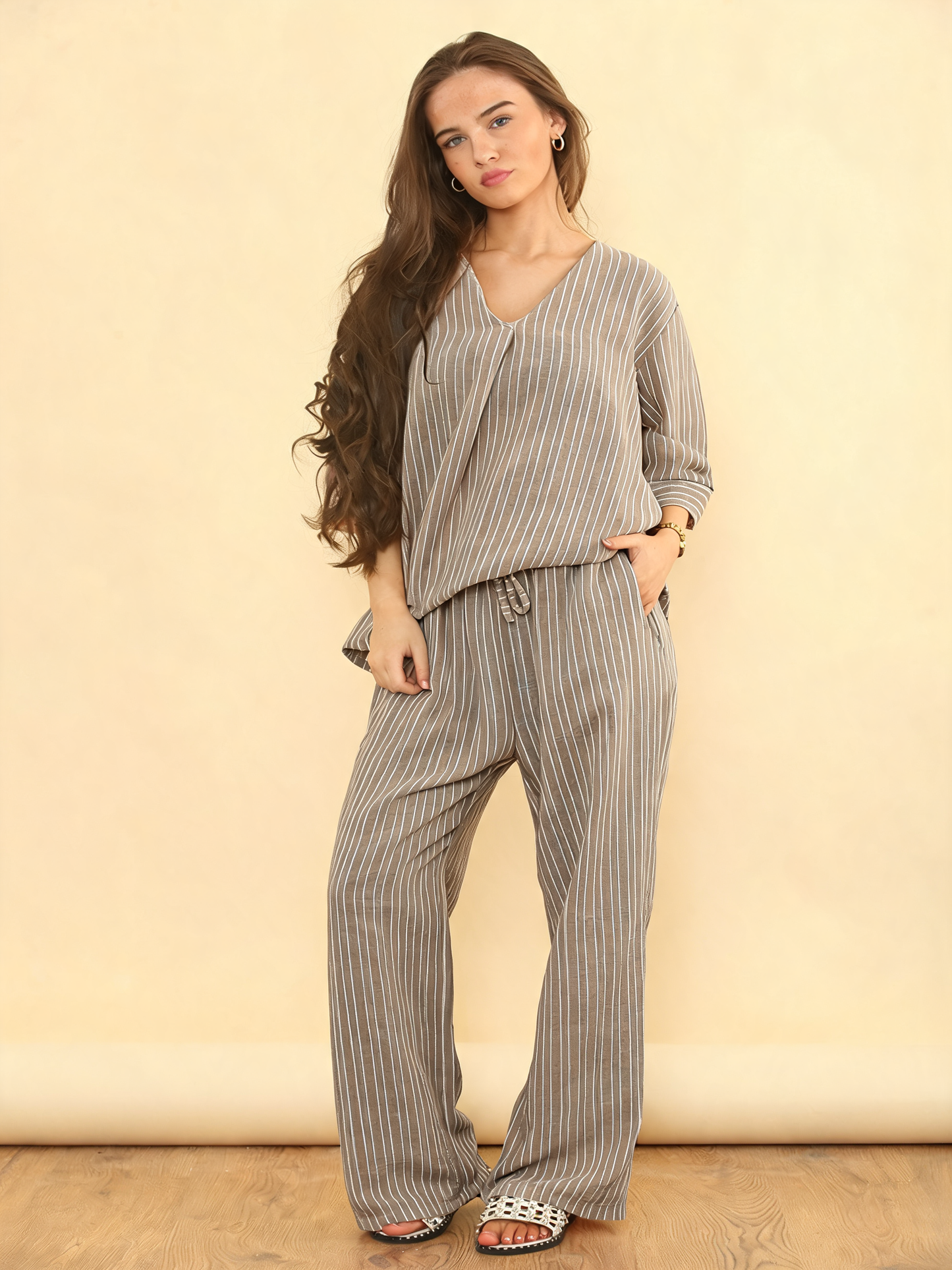 PINSTRIPE LINNEN MIX BROEK - TAUPE