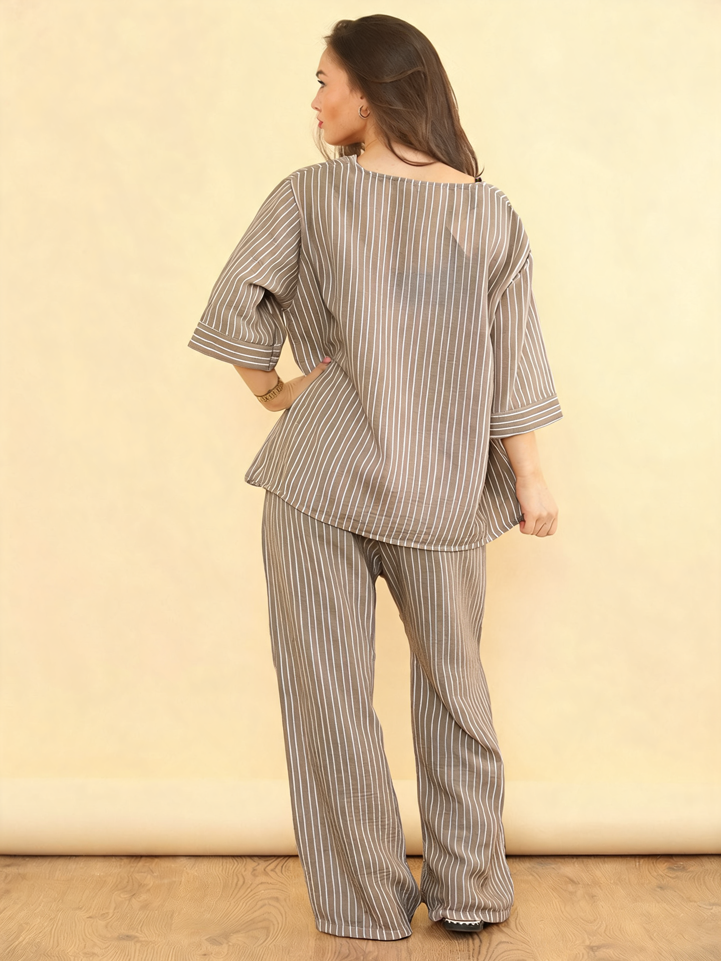 PINSTRIPE LINNEN MIX BROEK - TAUPE