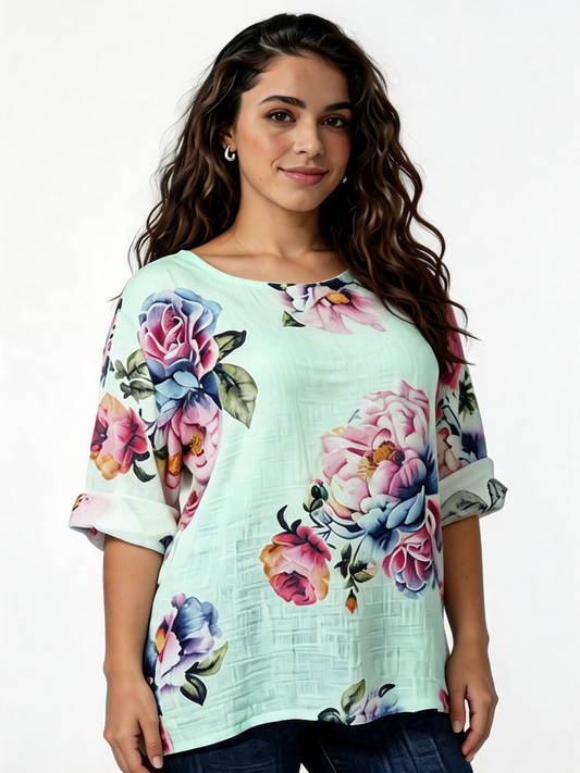 Large Bloom Floral Print Linen-Blend Top - Mint