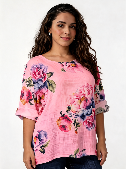 Large Bloom Floral Print Linen-Blend Top - Bubblegum Pink