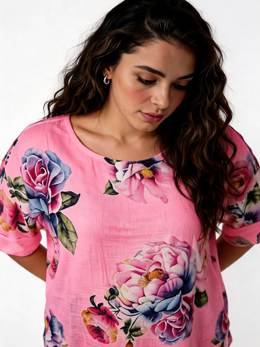 Large Bloom Floral Print Linen-Blend Top - Bubblegum Pink