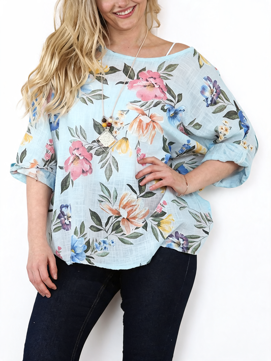 FLORAL CLUSTER PRINT TOP - SKY BLUE