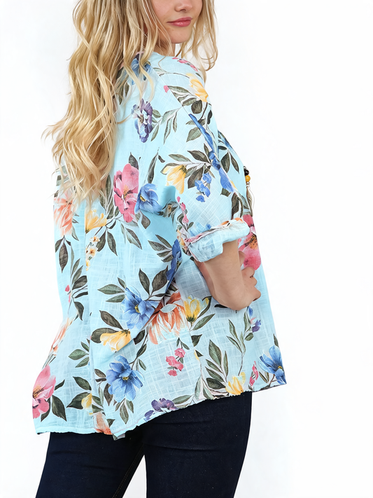 FLORAL CLUSTER PRINT TOP - SKY BLUE