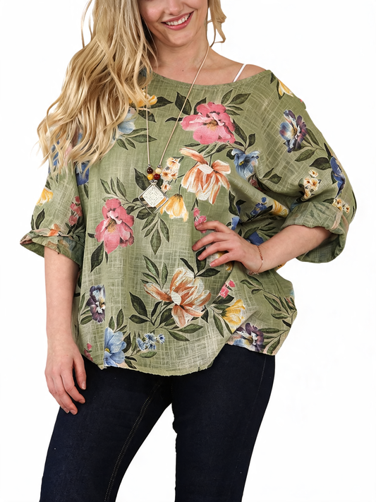 FLORAL CLUSTER PRINT TOP - KHAKI