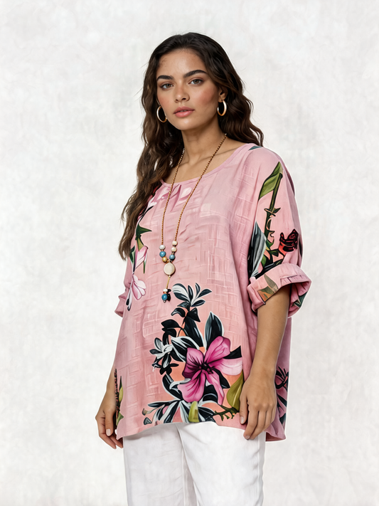 Botanical Garden Floral Print Linen Tunic Top - Dusty Pink