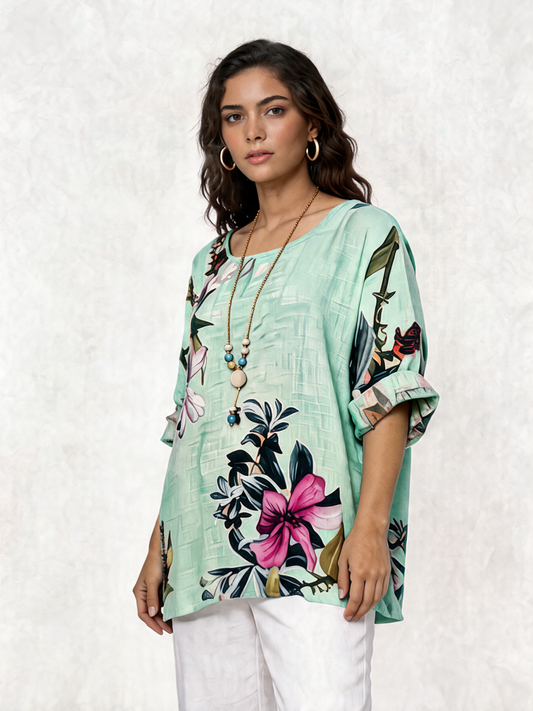 Botanical Garden Floral Print Linen Tunic Top - Mint