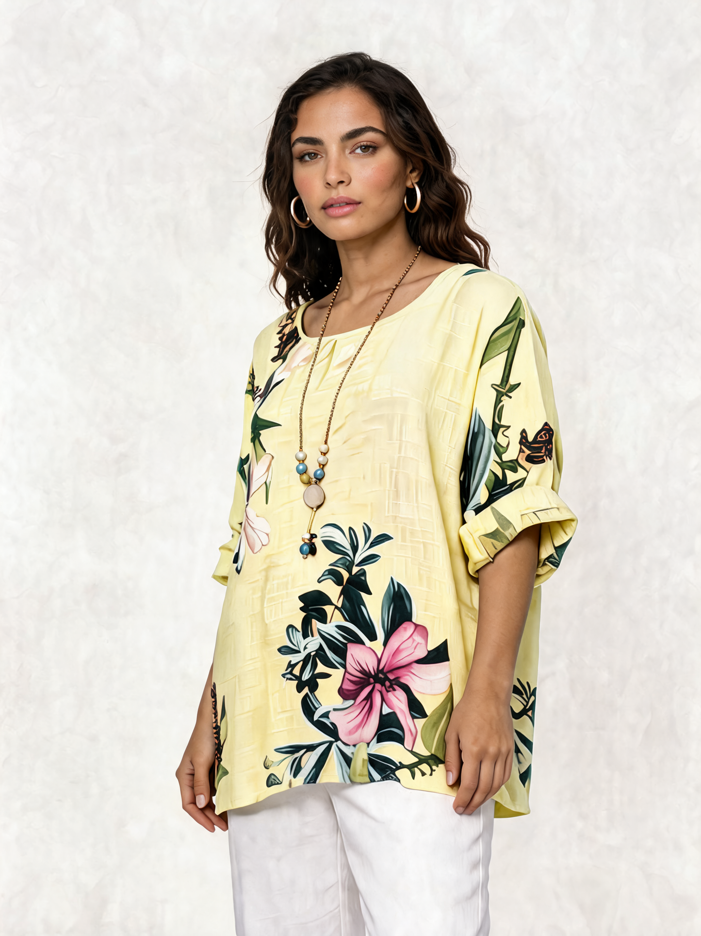Botanical Garden Floral Print Linen Tunic Top - Lemon