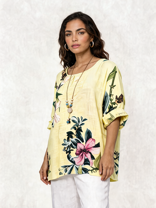 Botanical Garden Floral Print Linen Tunic Top - Lemon