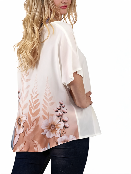 Botanical Garden Lace Overlay Watercolour Floral Print Top - Dusty Pink