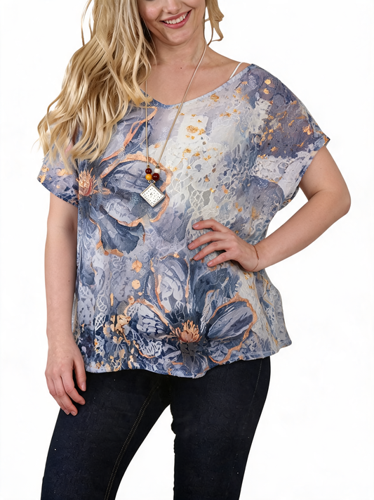 Floral Lace Burnout Botanical Print Short Sleeve T-Shirt - Charcoal
