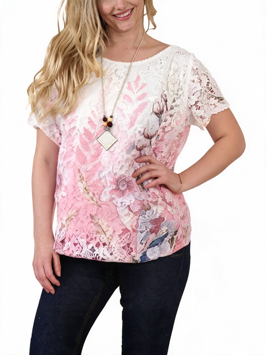 Botanical Garden Lace Overlay Watercolour Floral Print Top - Dusty Pink