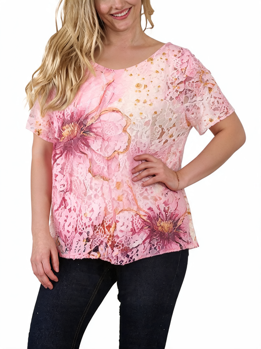 Floral Lace Burnout Botanical Print Short Sleeve T-Shirt - Fuchsia