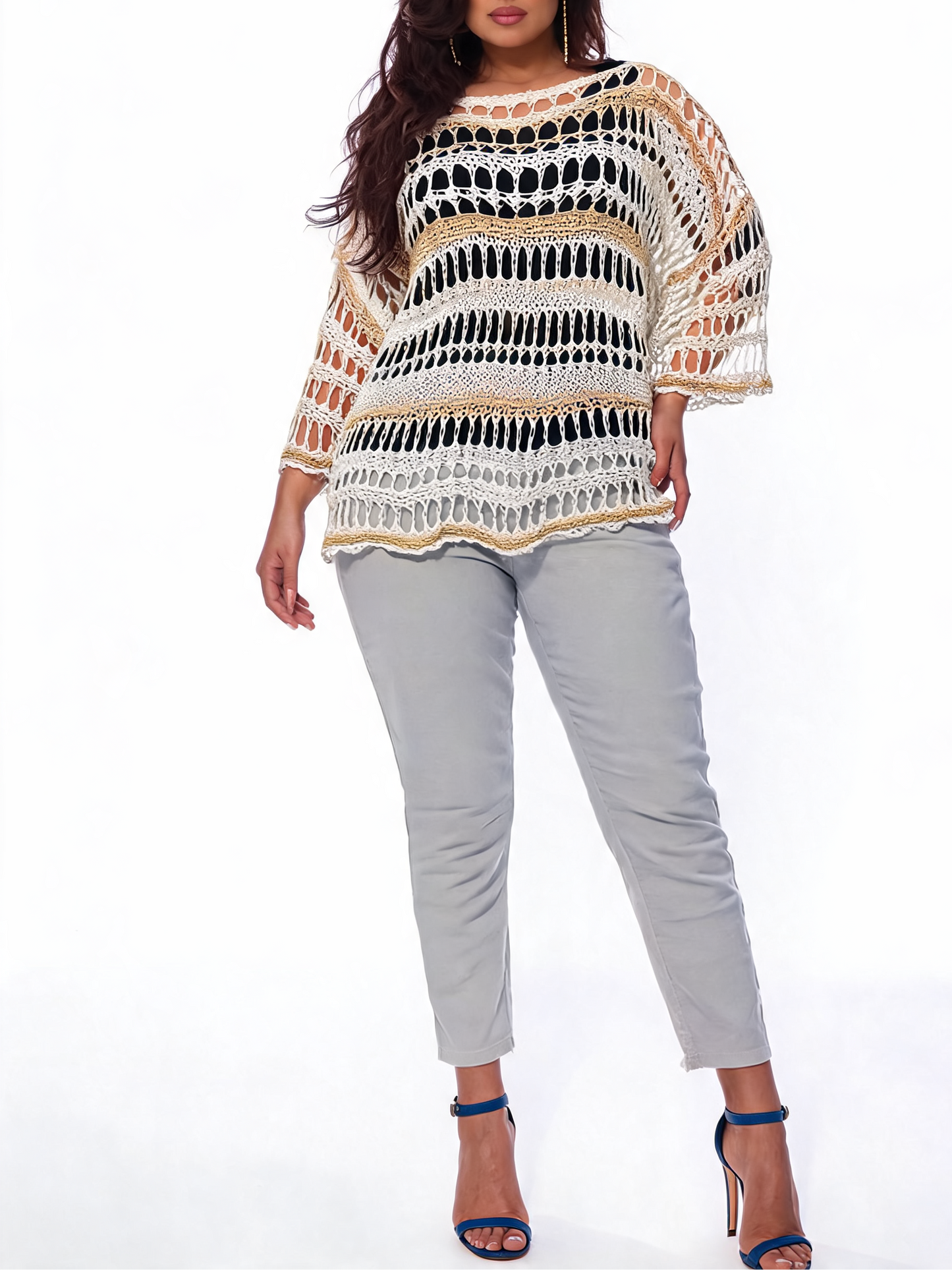 Boho Luxe Open-Weave Gehaakte Poncho - Beige