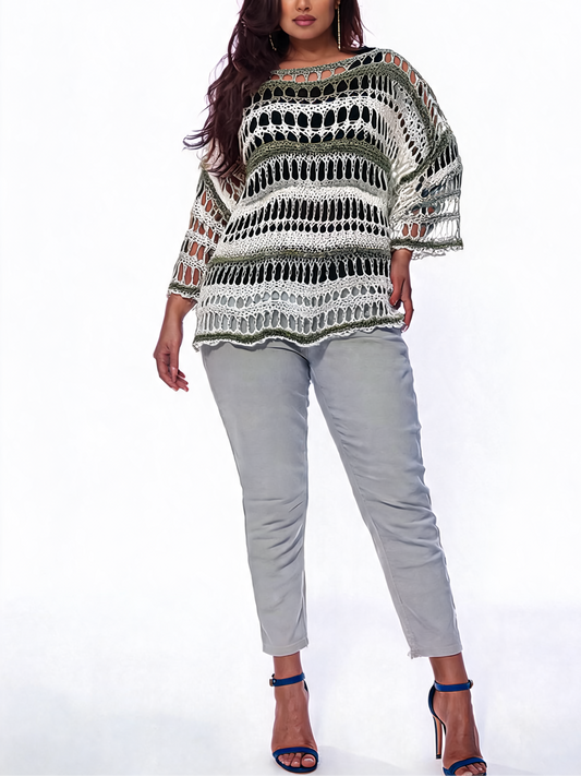 Boho Luxe Open-Weave Crochet Poncho - Khaki