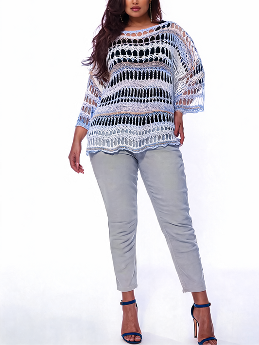 Boho Luxe Open-Weave Crochet Poncho - Sky Blue
