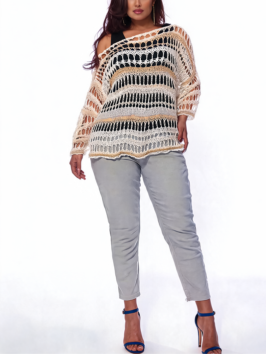 Boho Luxe Open-Weave Crochet Poncho - Beige