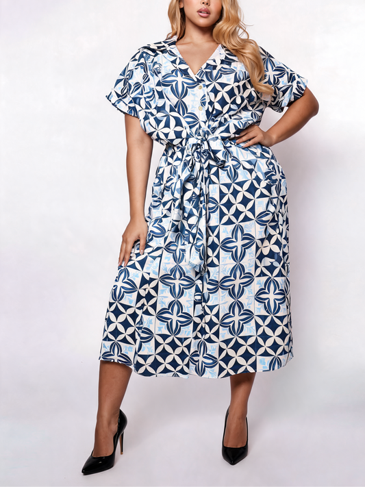Jurk met ceintuur en geometrische bloemenprint - Marineblauw