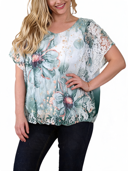 Floral Lace Burnout Botanical Print Short Sleeve T-Shirt - Khaki