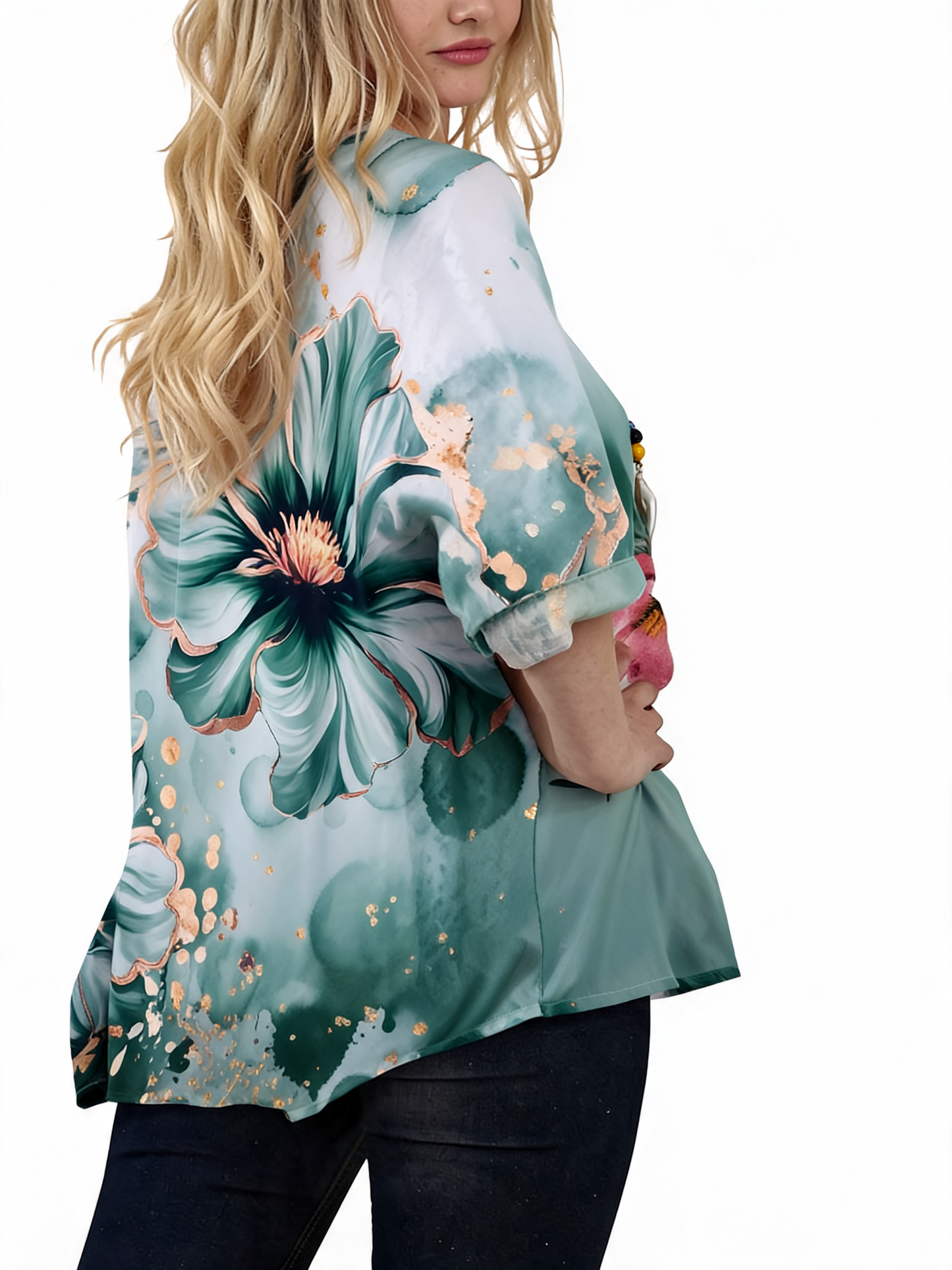 T-shirt met korte mouwen, bloemenkant, burnout-botanische print - Kaki