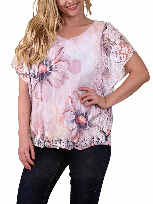Floral Lace Burnout Botanical Print Short Sleeve T-Shirt - Dusty Pink