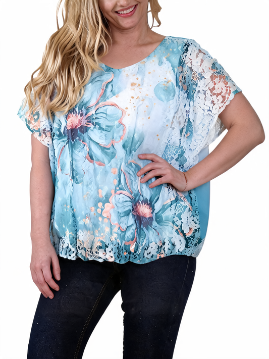 Floral Lace Burnout Botanical Print Short Sleeve T-Shirt - Mint
