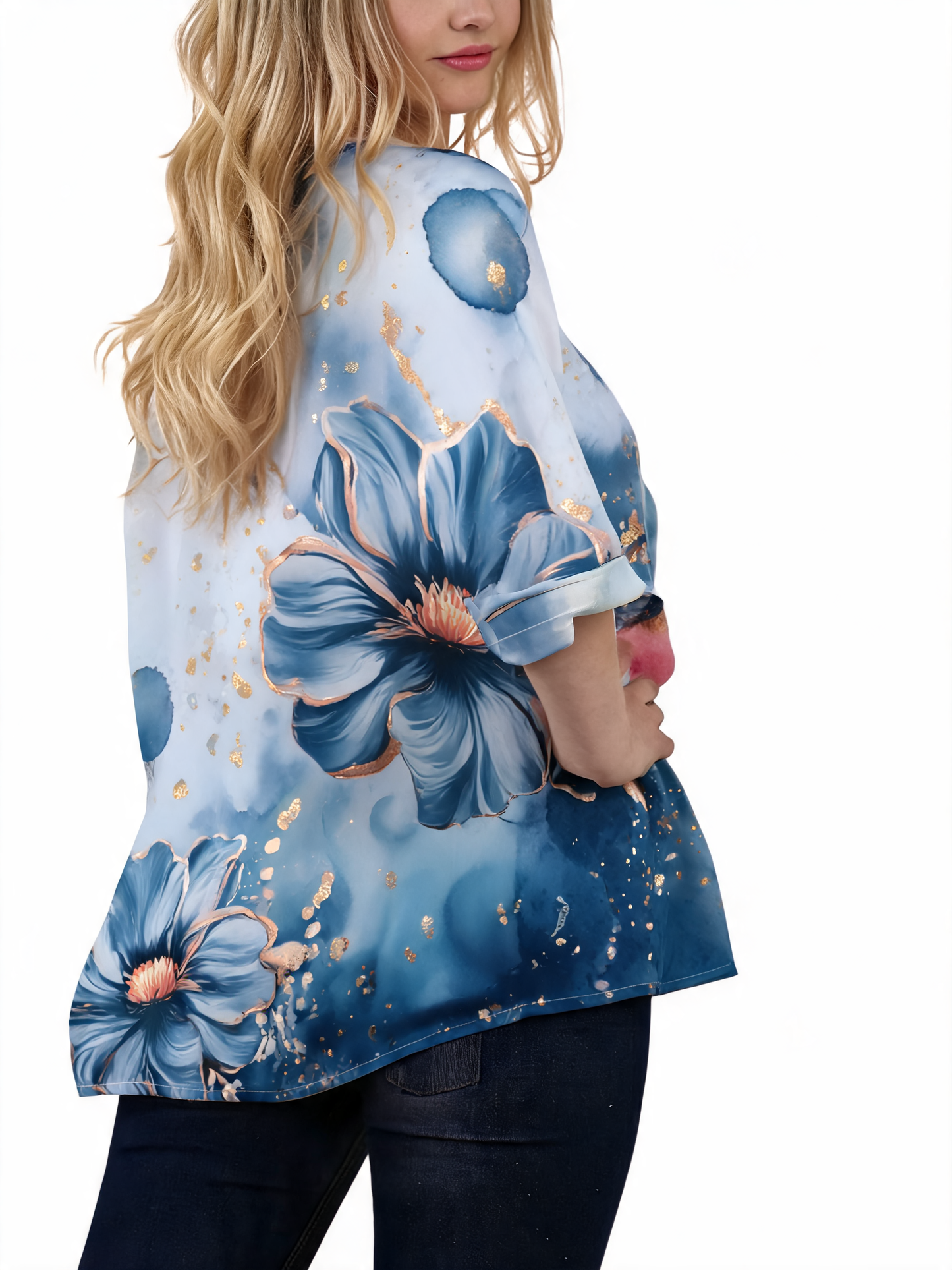 T-shirt met korte mouwen van bloemenkant en botanische print - Marineblauw