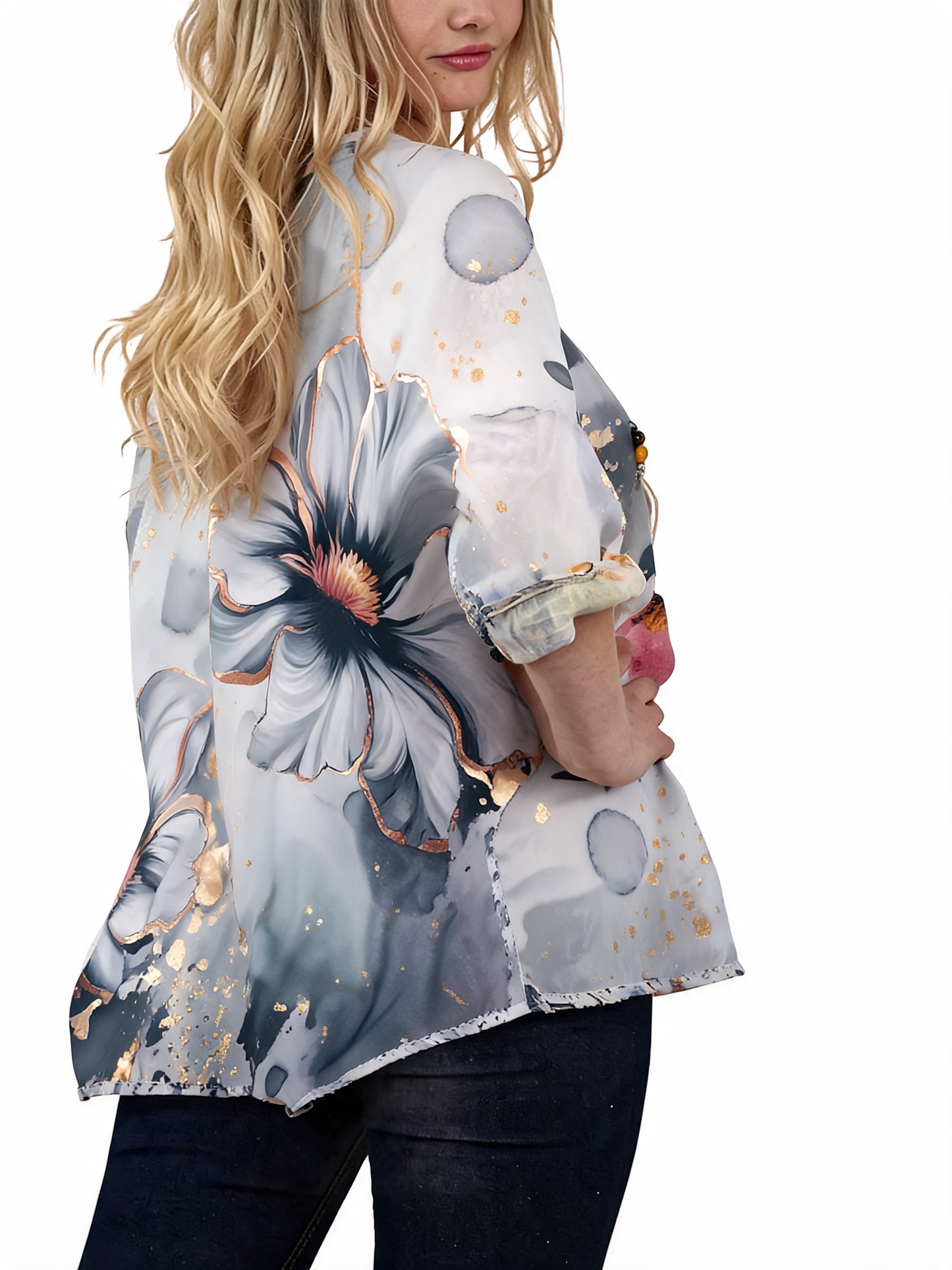 T-shirt met korte mouwen van bloemenkant en botanische print - Houtskool