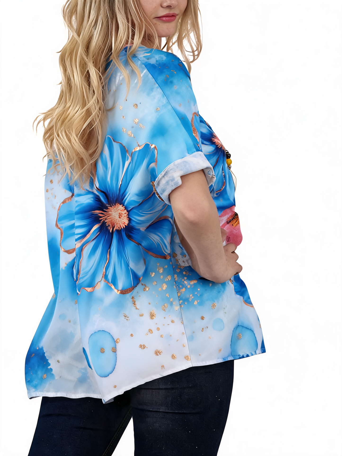 Bloemenkant Burn-out Botanische Print T-shirt met Korte Mouwen - Koningsblauw