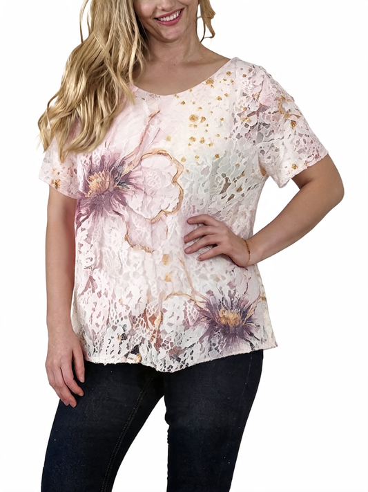 Floral Lace Burnout Botanical Print Short Sleeve T-Shirt - Beige