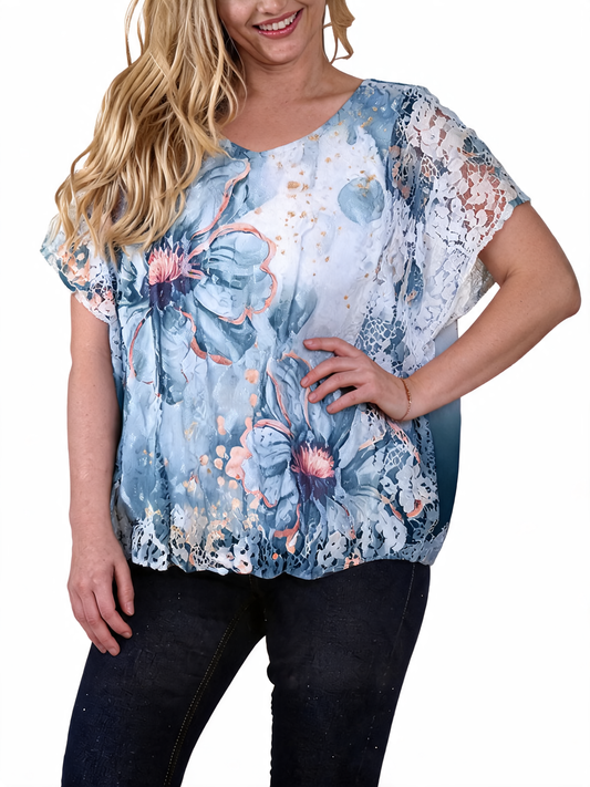 Floral Lace Burnout Botanical Print Short Sleeve T-Shirt - Navy
