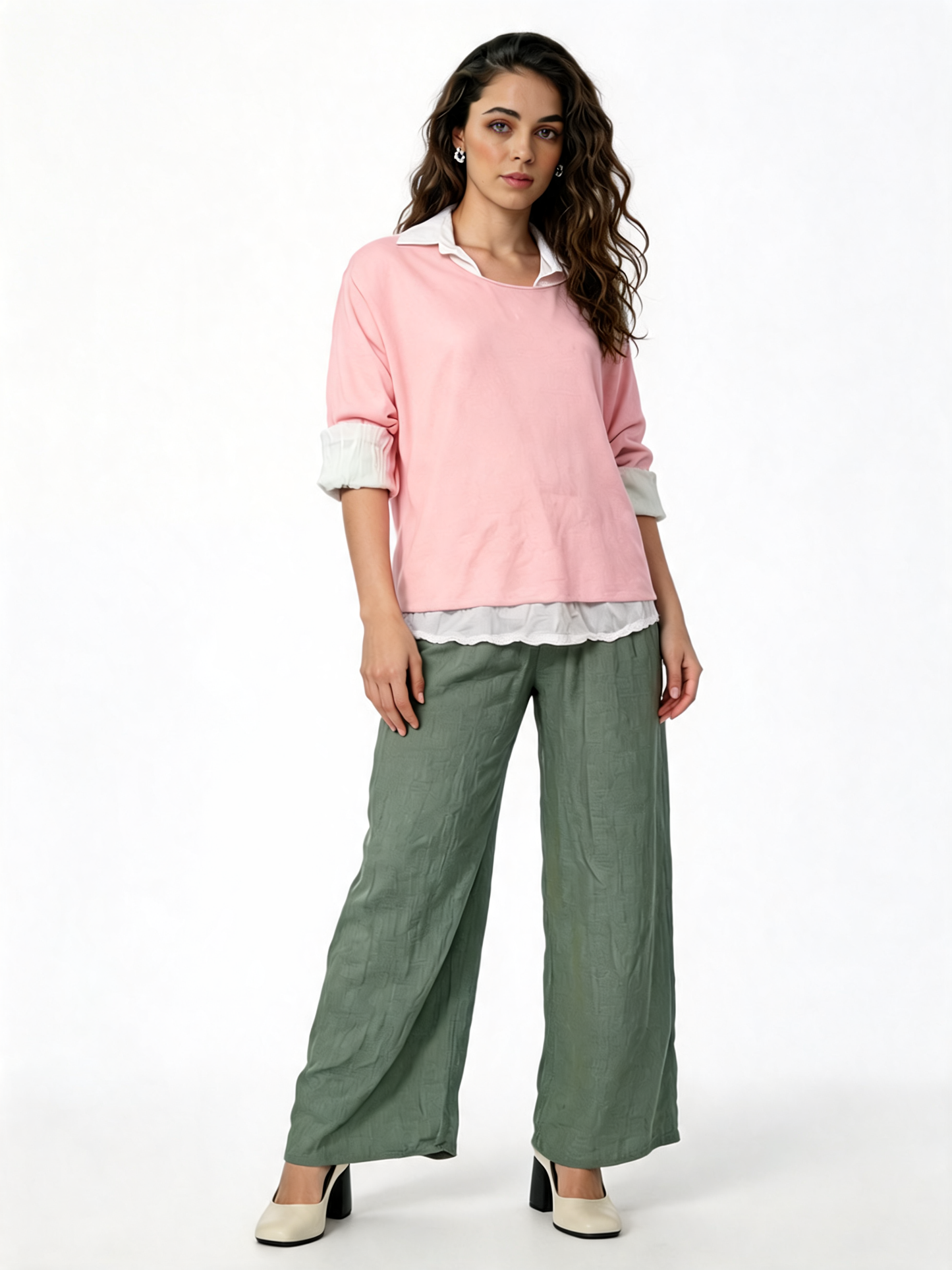 2-in-1 Gelaagde Shirt Top | Oversized Top met Witte Shirt Onderlaag - Roze