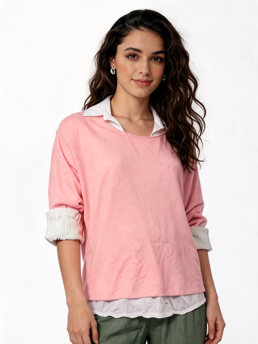 2-in-1 Gelaagde Shirt Top | Oversized Top met Witte Shirt Onderlaag - Roze