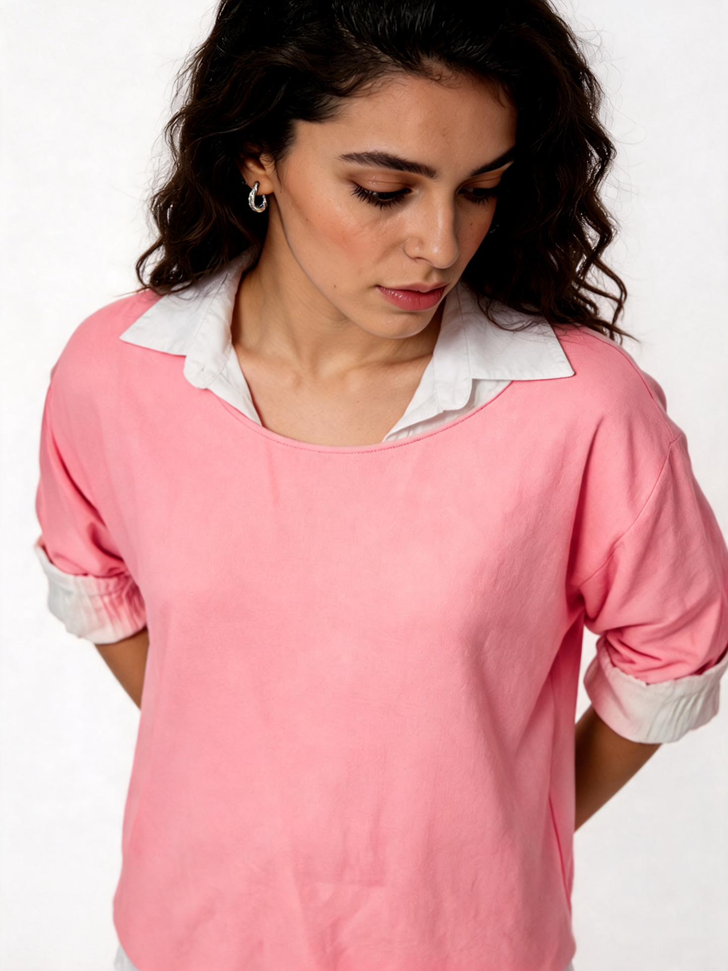 2-in-1 Gelaagde Shirt Top | Oversized Top met Witte Shirt Onderlaag - Roze