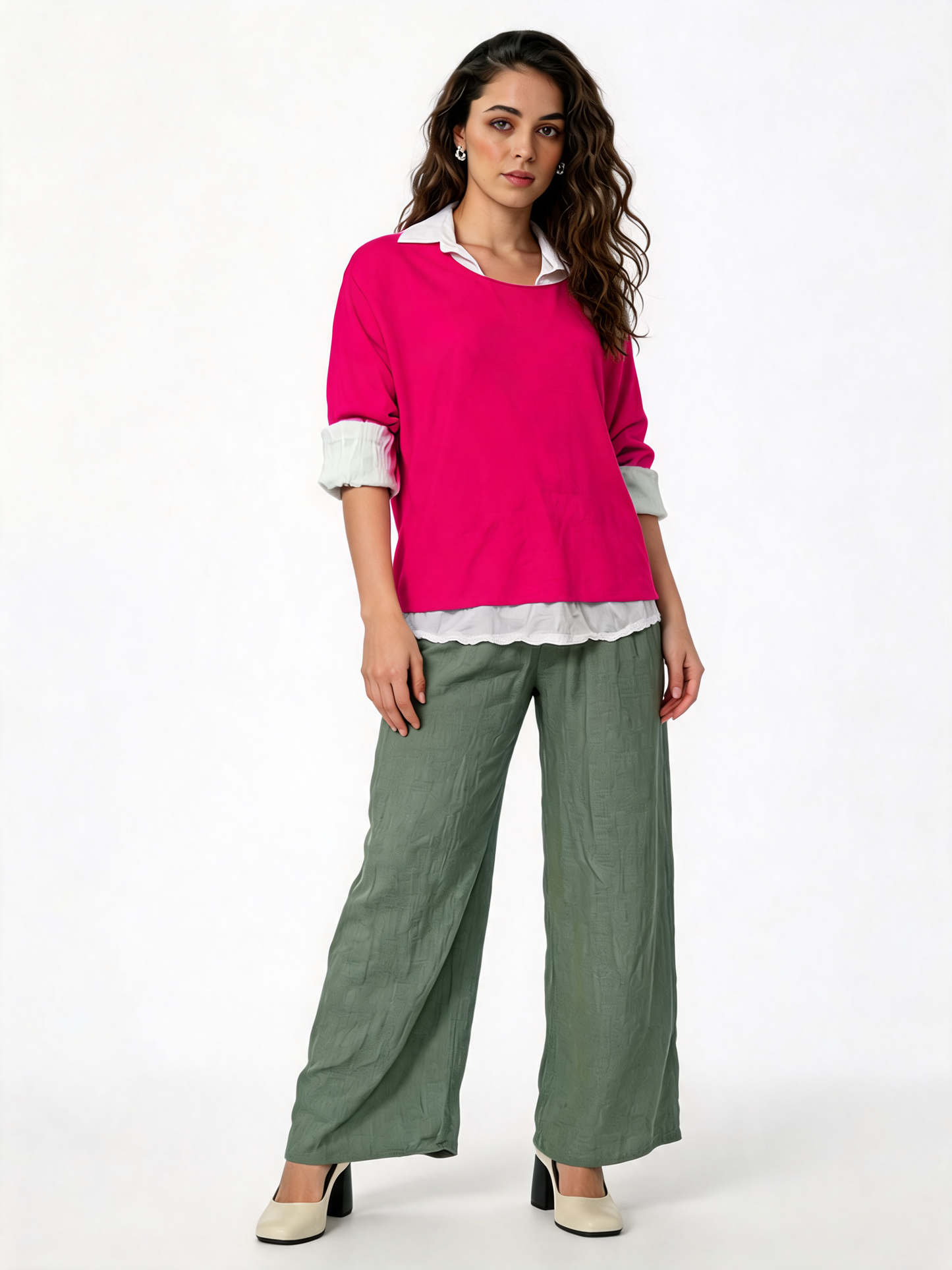 2-in-1 Gelaagde Shirt Top | Oversized Top met Witte Shirt Onderlaag - Cerise