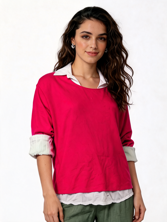 2-in-1 Gelaagde Shirt Top | Oversized Top met Witte Shirt Onderlaag - Cerise