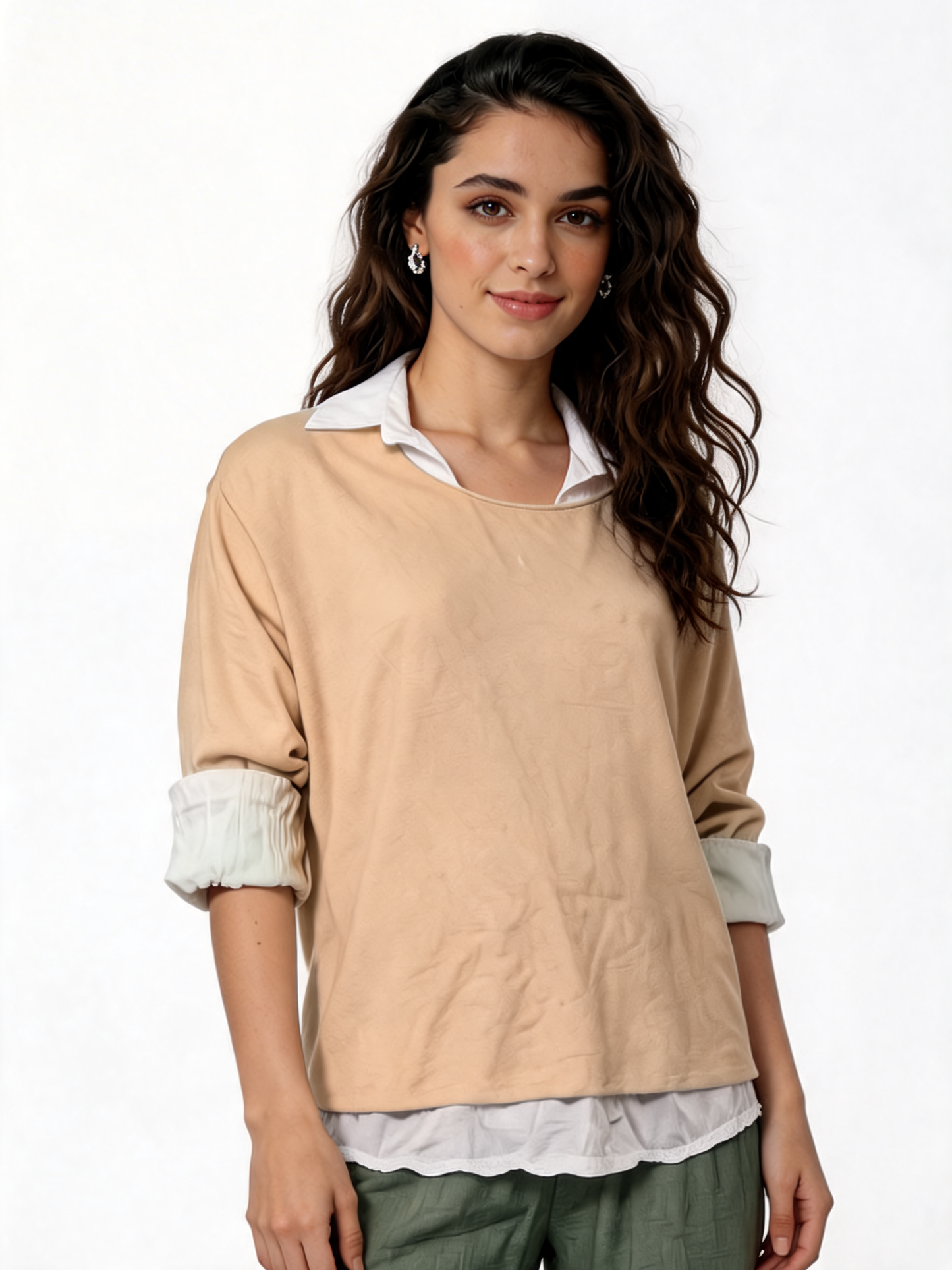 2-in-1 Gelaagde Shirt Top | Oversized Top met Witte Shirt Onderlaag - Beige
