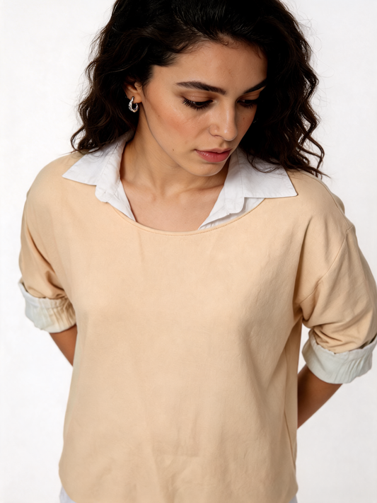 2-in-1 Gelaagde Shirt Top | Oversized Top met Witte Shirt Onderlaag - Beige