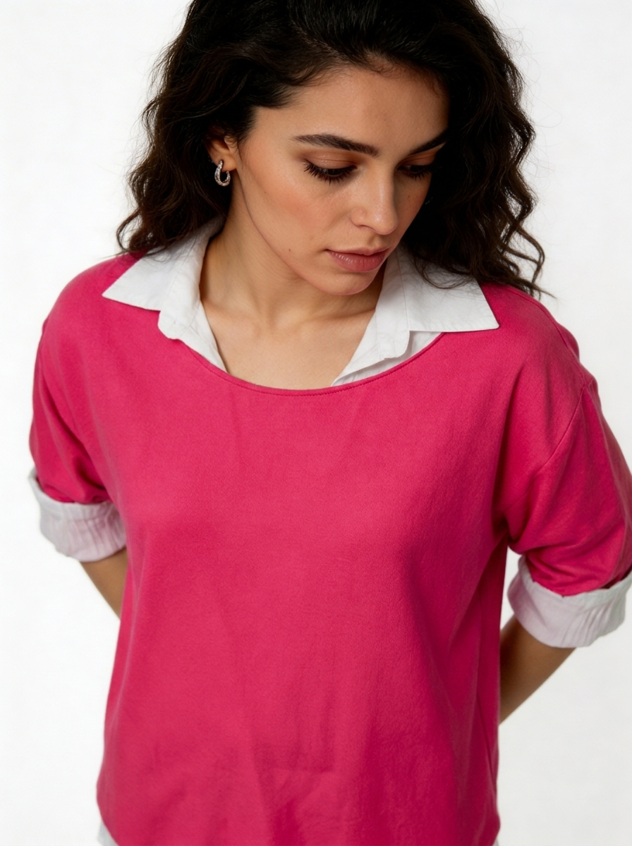 2-in-1 Gelaagde Shirt Top | Oversized Top met Witte Shirt Onderlaag - Cerise