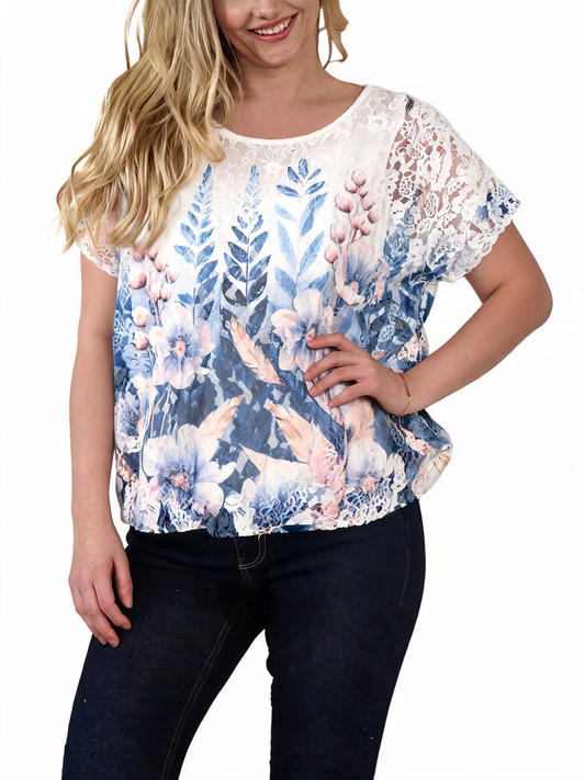 Botanical Garden Lace Overlay Watercolour Floral Print Top - Navy