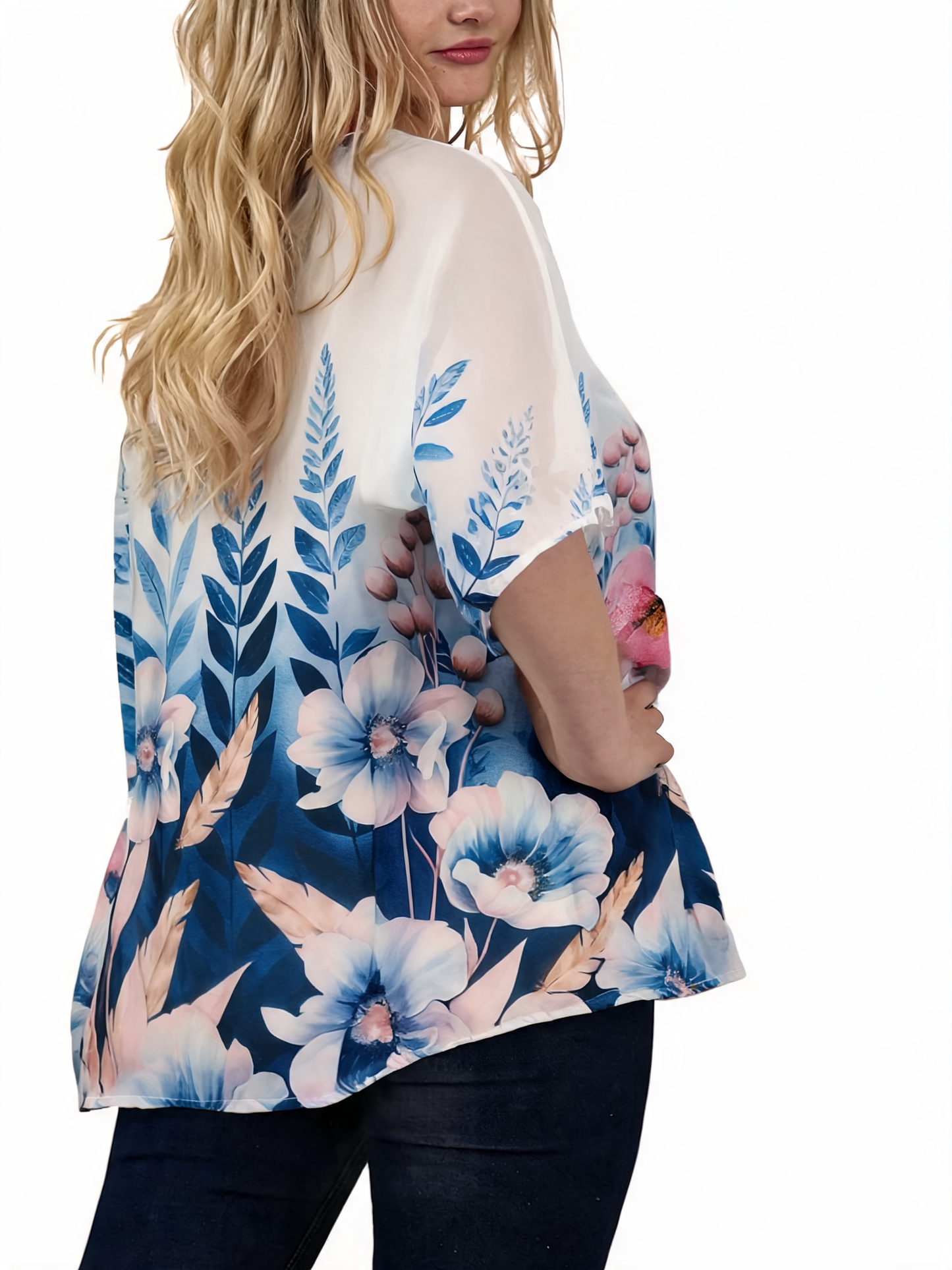 Top met Botanische Tuin Kant Overlay en Aquarel Bloemenprint - Marineblauw