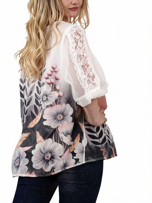 Botanical Garden Lace Overlay Watercolour Floral Print Top - Charcoal