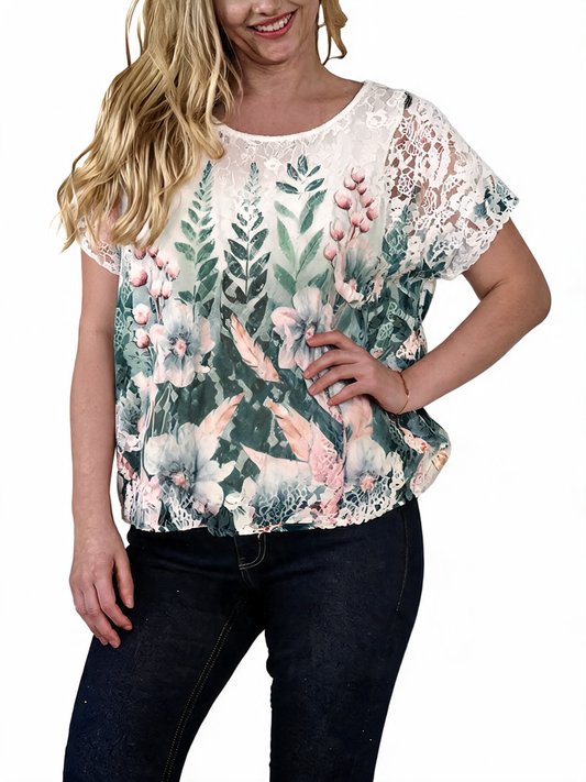 Botanical Garden Lace Overlay Watercolour Floral Print Top - Khaki