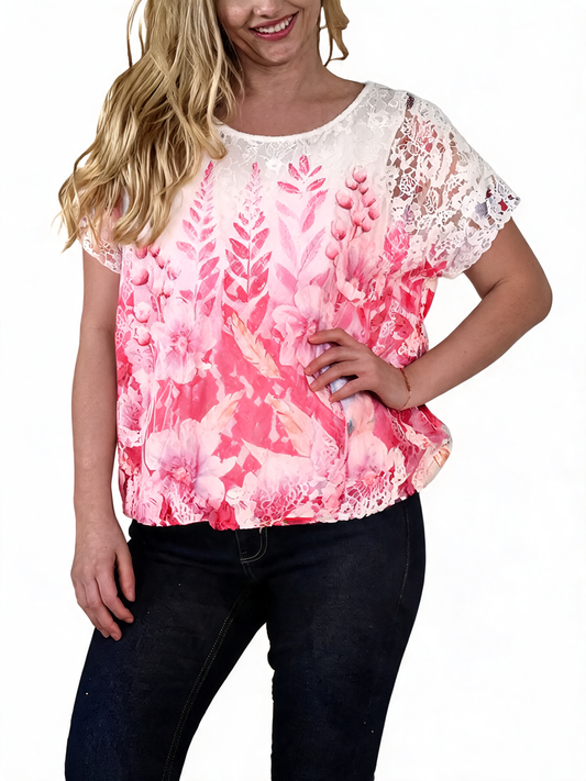 Botanical Garden Lace Overlay Watercolour Floral Print Top - Fuchsia