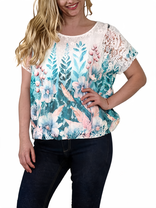 Botanical Garden Lace Overlay Watercolour Floral Print Top - Mint