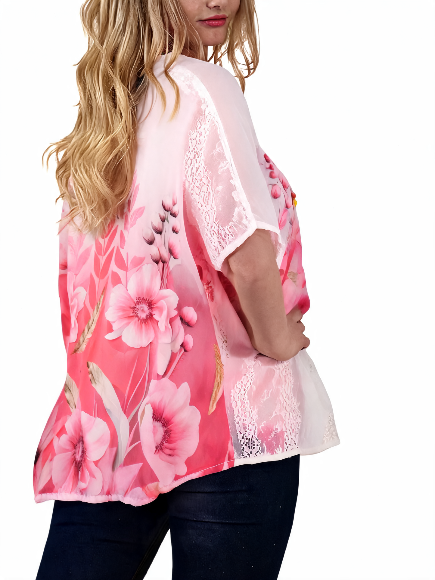 Top met kantoverlay, botanische tuinen en aquarel bloemenprint - Fuchsia
